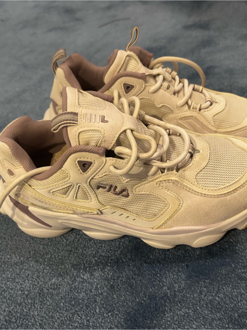 Fila Distressed Chunky Sneakers in Beige and Mauve Accent